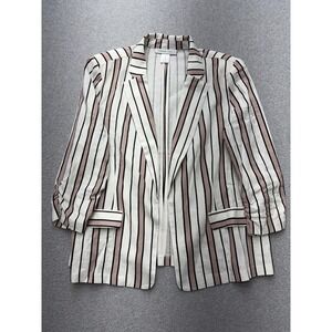 Carole Wren Blazer Womens XL‎ Striped Linen Blend Open Front 3/4 Sleeve Ruched